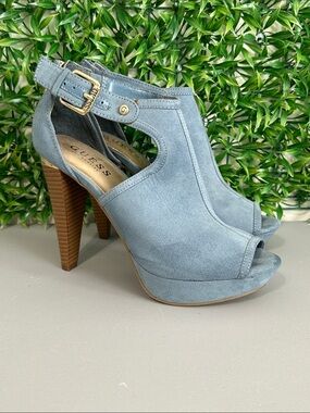 GUESS Light Blue Suede Peep-Toe Platform Heels